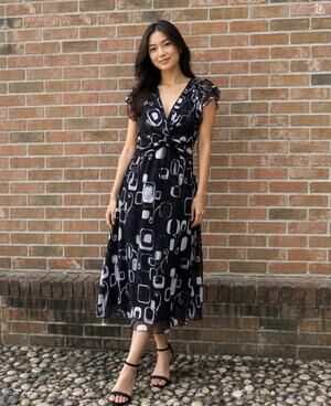 NWT Y2K 2000s J.T.B. Women Geometric Print Wrap Dress Size XL Black Purple Mesh